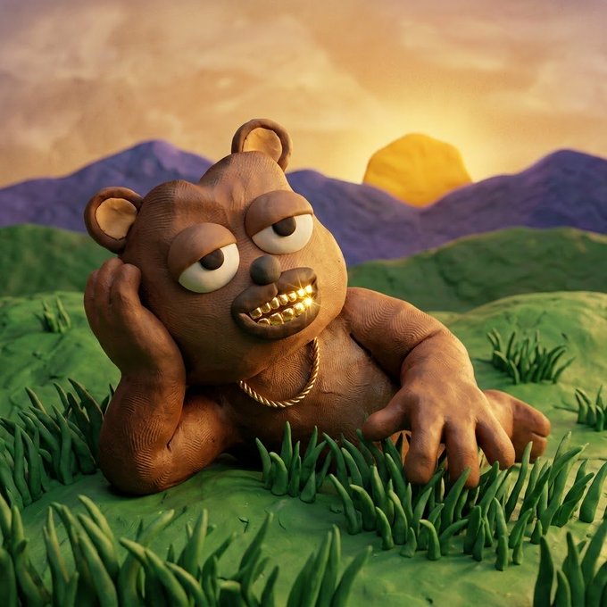 A brown cartoon bear with gold teeth lies in a field of green grass.
