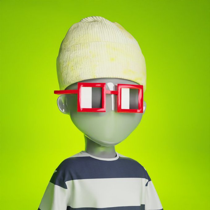 A 3D-rendered figure wearing a yellow beanie, red pixelated sunglasses, and a striped shirt stands against a bright green background, likely serving as stylized promotional artwork for the Robin Club NFT giveaway. The character's sunglasses resemble iconic pixel-art "deal with it" shades, fitting the playful, meme-inspired theme of the contest.
