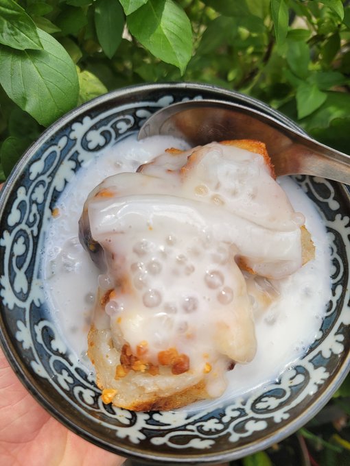 A bowl of dessert featuring bread or cake topped with creamy white liquid and sago/tapioca pearls, held over green foliage.