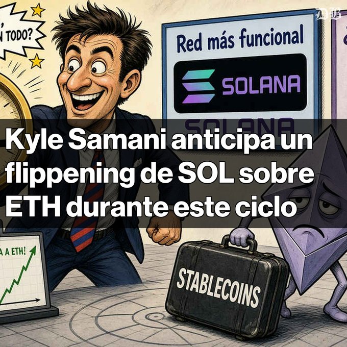 A Spanish-language article illustration titled 'Kyle Samani anticipa un flippening de SOL sobre ETH durante este ciclo' featuring the Solana logo and an ETH character with a STABLECOINS briefcase.