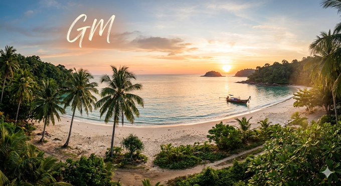 The image features a tropical beach scene with palm trees lining the shoreline. A boat can be seen floating near the water, adding to the picturesque setting. The sky above has a beautiful sunset, casting warm hues over the landscape. In the foreground of the photo, there is text that reads "GM and Happy Sunday Rest, recharge and strategize again. Hope you are still Quacking on @wallchain?. World cup is here I believe prediction market, @Polymarket is about to boom again." The image also contains a small logo in the bottom right corner.