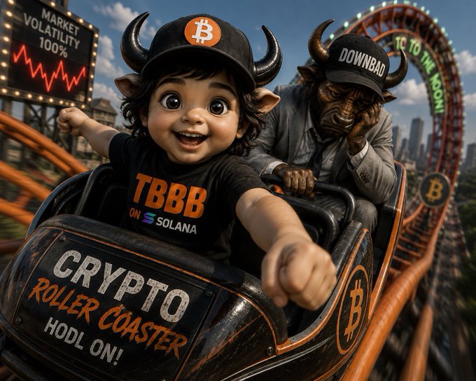 A whimsical illustration of a child and a bull wearing bitcoin-themed caps on a 'Crypto Roller Coaster' with text including 'Market Volatility 100%', 'TBBB on Solana', and 'Hold On!'.