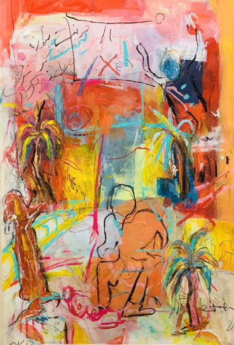The image features a painting of palm trees with a vibrant color palette, including shades of orange, pink, yellow, and blue. The artist has used bold brushstrokes and a variety of colors to create an abstract representation of the scene. The painting is displayed on a canvas that is predominantly white, which contrasts with the colorful background. The post mentions that this artwork was created by Jeff L. Graham for @jefflgraham.