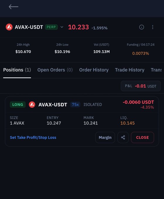 A cryptocurrency trading app screen showing an AVAX-USDT perpetual position with a long entry of 10.247 and a slight loss.
