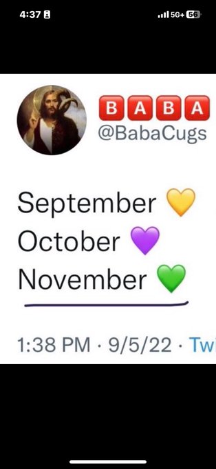 A social media post from '@BabaCugs' displays the text 'September', 'October', and 'November' each followed by a colored heart emoji (yellow, purple, green) posted at '1:38 PM · 9/5/22'.