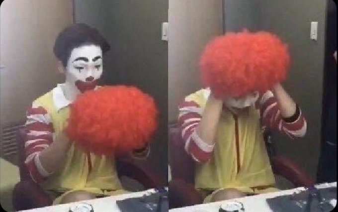 Two side-by-side images show a person with clown makeup and an exaggerated drawn-on mustache holding a red clown wig, then putting it on their head.