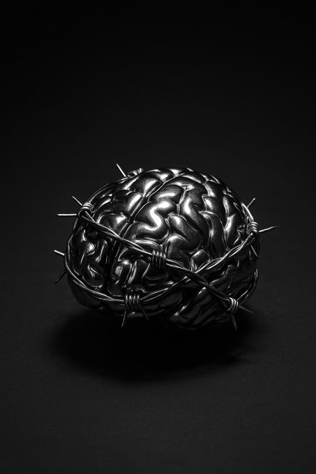A surreal black-and-white image depicts a human brain wrapped in barbed wire, resting on a dark surface.