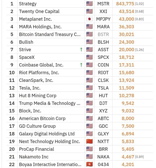 A ranking table of companies by market capitalization, with Strategy (MSTR) at #1 with $843,775, followed by Twenty One Capital (XXI), Metaplanet Inc. (MPJPY), and MARA Holdings (MARA).