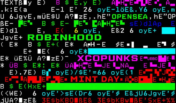 A glitchy, stylized image with red and green text overlays displays the words "ROBINHOOD," "XCOPUNKS," and "MINT DAY" against a chaotic backdrop of jumbled characters, directly promoting the XCOPUNKS NFT mint event launching on the Robinhood Crypto blockchain.