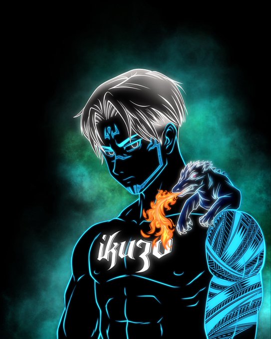 A stylized digital illustration depicts a glowing blue anime-style character with white hair and tribal tattoos, accompanied by a small wolf pup and the text "ikuzo" in gothic font.