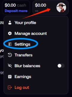 A screenshot of the FOMO app menu showing a profile dropdown with options like Your profile, Manage account, Settings (circled in blue), Transfers, Blur balances, Earnings, and Log out, along with a $0.00 cash balance at the top, illustrating the step to access Settings for language configuration on the web version.