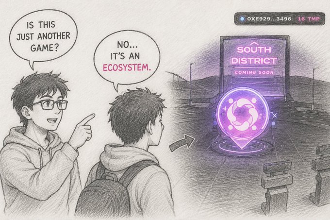 A sketch-style illustration showing two boys looking at a neon 'SOUTH DISTRICT' sign and a purple circular portal, with speech bubbles asking 'IS THIS JUST ANOTHER GAME?' and answering 'NO... IT'S AN ECOSYSTEM.'