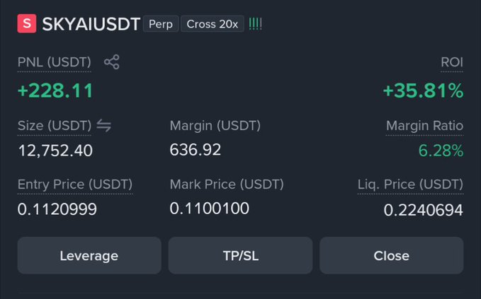 A trading dashboard showing a profitable perpetual position on $SKYAIUSDT (20x cross leverage), with a realized PNL of +228.11 USDT (+35.81% ROI) on a 12,752.40 USDT position at an entry price of 0.11209999 — supporting the user's bullish call on $SKYAI.