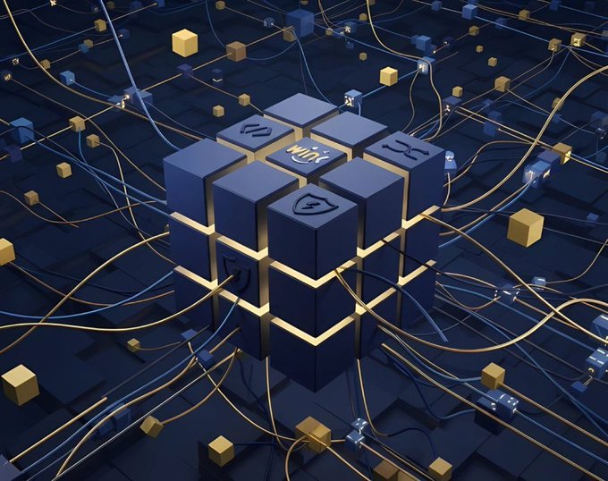 A 3D digital art rendering of dark cubes with caution symbols connected by numerous yellow and blue wires spreading across a dark surface, representing network or blockchain infrastructure.