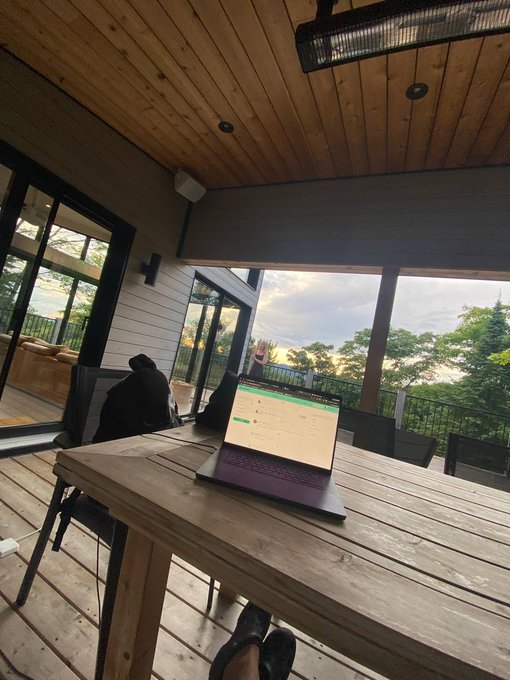 A person works on a laptop on a wooden table on a covered patio, with a scenic view of trees and a cloudy sky in the background.