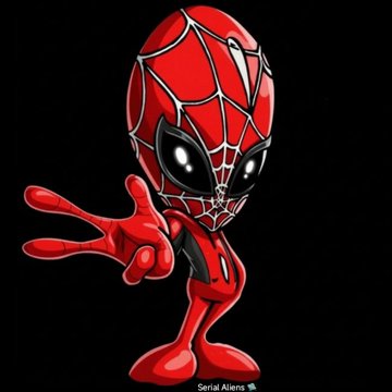 A small, stylized red character in a Spider-Man costume stands with its hand extended against a black background, with a 'Serial Aliens' watermark.