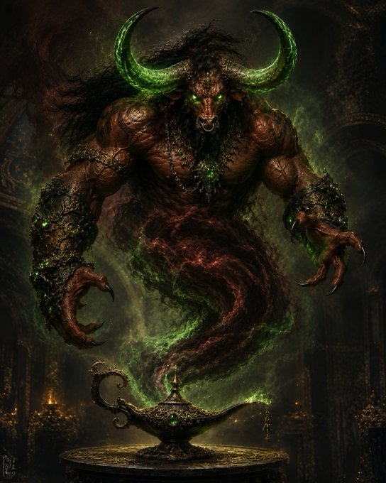 A dark fantasy digital artwork depicting a menacing horned demon with glowing green accents emerging from a magical lamp above a treasure-filled chamber.