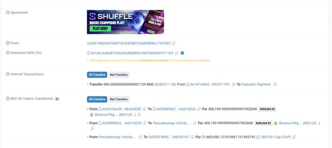 A blockchain transaction record showing wallet interactions with Shuffle (0x9EF...), including a 680 BNB transfer and BEP-20 token transactions involving $ISOUS, Pancakeswap Infinity, and BEP-20 Cap (CAP), with a flagged "0xECEF409C...186FE4147" address relevant to the CAP token sniping situation described.