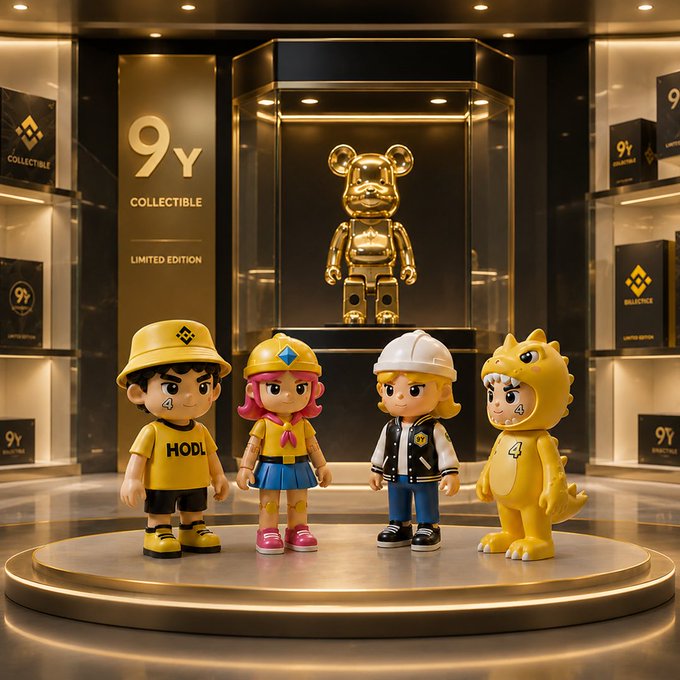 Four collectible figurines stand on a circular display platform in a luxury vault featuring a golden BearBrick bear centerpiece, with signage reading "9Y COLLECTIBLE" and "LIMITED EDITION"—one of three puzzle images where participants must find a hidden green candle.