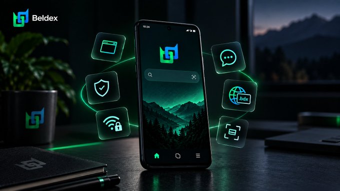 A promotional image for the 'Beldex' mobile app showing a smartphone displaying the app interface, surrounded by floating feature icons on a dark desk background.