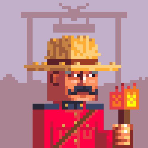 Pixel art illustration of a man wearing a straw hat and red coat, holding a torch, with a gallows structure behind him.