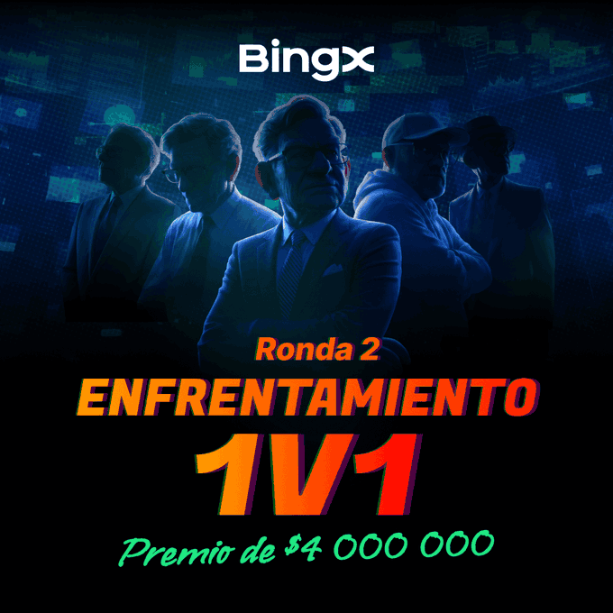 A promotional graphic for BingX featuring five men in suits with text 'Ronda 2 ENFRENTAMIENTO 1V1' and 'Premio de $4 000 000'.