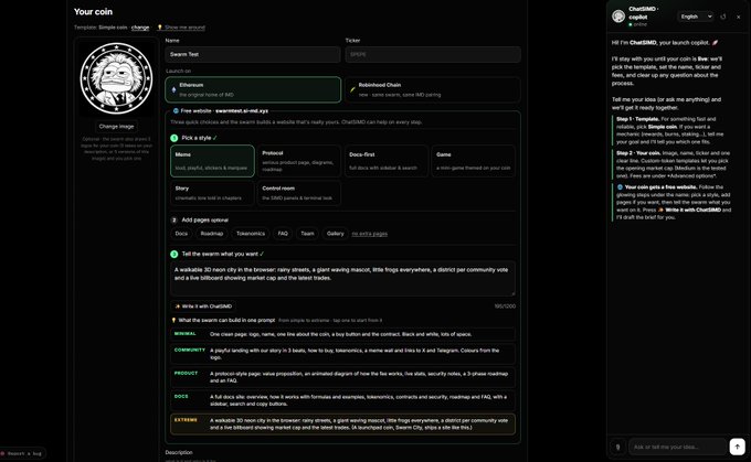 A web interface for launching a memecoin called 'SWENS' on the Ethereum network is displayed, with a ChatGPT assistant providing step-by-step instructions on the right panel.