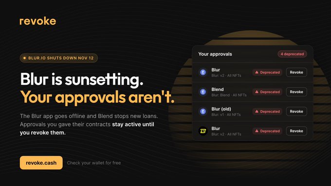 A Revoke.cash advertisement featuring the headline "Blur is sunsetting. Your approvals aren't." with a notice that "BLUR.IO SHUTS DOWN NOV 12," warning that approvals for Blur contracts (including Blur, Blend, and Blur old v1) remain active even after the app goes offline, alongside a screenshot showing four deprecated approvals with Revoke buttons and a call-to-action to check your wallet for free at revoke.cash.