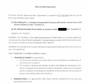 The image shows a Share Transfer Agreement dated 17th July 2025, documenting the sale of 2,465 shares in Smets Holding N.V. (company number 141727) from Fips Holding B.V. to Michael Schembri Parnis for a nominal price of $2,465, supporting the post's claim that Felix sold his Gamdom shares to Michael Parnis in July 2025 for $2,465.