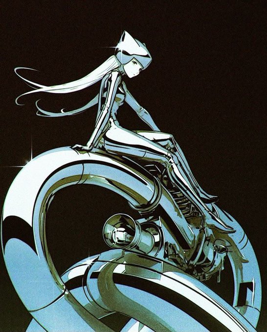A metallic illustration of a slender figure with long hair riding a futuristic, chrome motorcycle against a dark background.