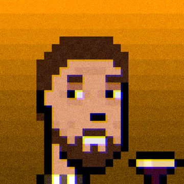 A pixel art portrait of a bearded man with a somewhat confused or awkward expression against an orange background.