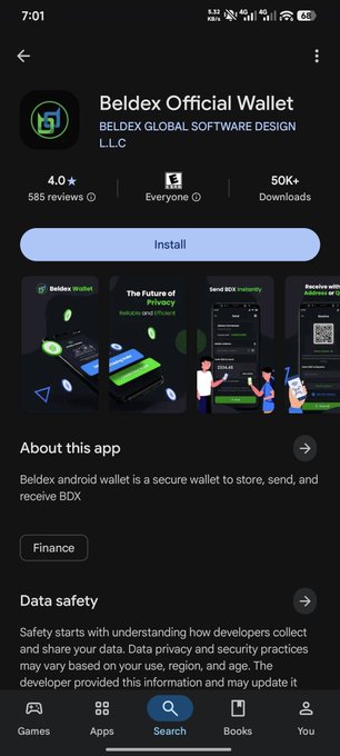 A Google Play Store screenshot showing the 'Beldex Official Wallet' app by BELDEX GLOBAL SOFTWARE DESIGN L.L.C. with a 4.0 star rating and 50K+ downloads.