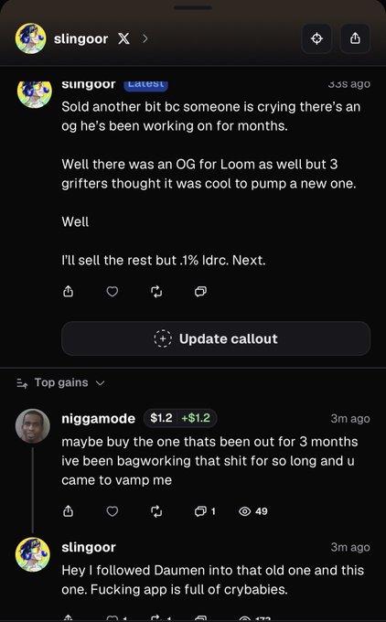 A Twitter thread showing user "slingoor" bragging about selling a token they claim someone named "niggamode" had been working on for 3 months, calling it a "new Loom OG" while dismissive of the original creator's complaints, with slingoor noting the app is "full of crybabies" when called out for copy-pasting an existing concept. The image illustrates the context described in the caption, showing the callousness of "poorgat" copying someone's project and dismissing their grievances.