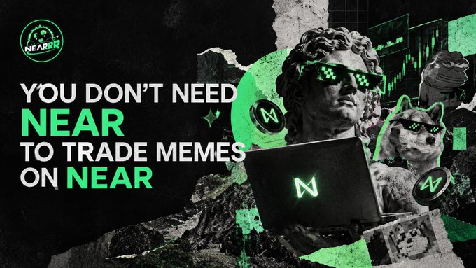 A green and black promotional graphic reading "YOU DON'T NEED NEAR TO TRADE MEMES ON NEAR," featuring classical statues wearing pixelated sunglasses with cats holding NEAR coin logos.