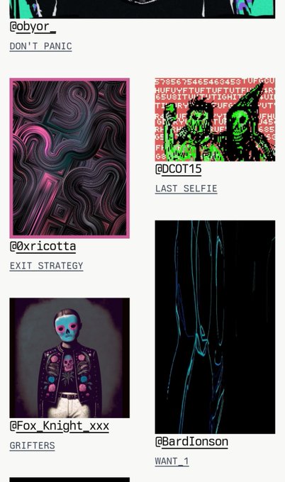 A gallery page displaying artwork submissions with usernames and titles: @pbyor 'DON'T PANIC', @xricotta 'EXIT STRATEGY' (pink abstract swirl), @DCOT15 'LAST SELFIE' (skull graphic), @Fox_Knight_xxx 'GRIFTERS' (skull character), and @BardIonson 'WANT 1' (dark figure).