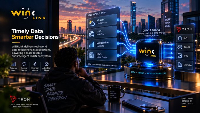 A promotional graphic for 'WINk Link' by TRON blockchain, showing a futuristic interface with real-world data feeds (weather, traffic, market prices, news) connecting to an oracle bridge, with the tagline 'Timely Data, Smarter Decisions.'
