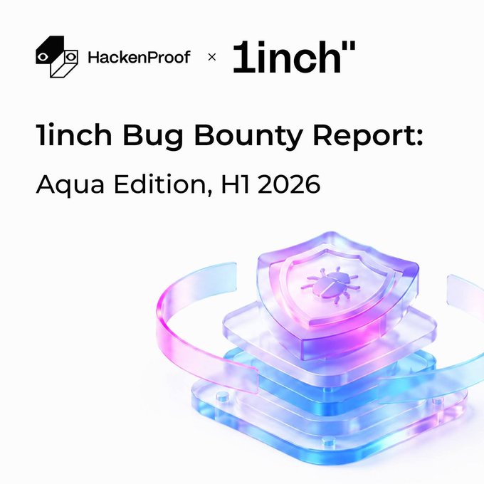 A promotional graphic titled '1inch Bug Bounty Report: Aqua Edition, H1 2026' featuring the HackenProof and 1inch logos above a 3D illustration of a shield with a bug symbol wrapped in ribbons.