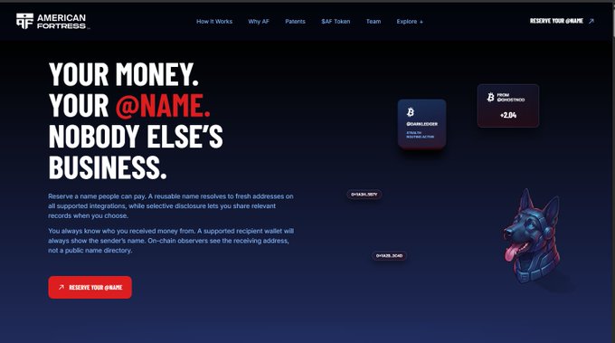 The homepage of the American Fortress website, featuring the slogan "YOUR MONEY. YOUR @NAME. NOBODY ELSE'S BUSINESS," with a navigation menu and a 3D dog mascot.