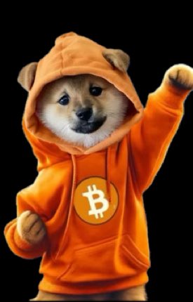 A Shiba Inu dog wearing an orange hoodie with a Bitcoin (₿) logo on the front, with one paw raised in the air against a black background.