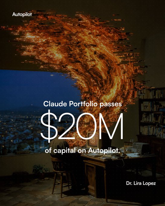 The image features a surreal scene of a figure at a desk facing a large window at dusk, with a swirling, glitching tornado of fire and pixelated fragments emerging from the cityscape view. Overlaid text reads "Autopilot," "Claude Portfolio passes $20M of capital on Autopilot," and is attributed to "Dr. Lira Lopez."

The visual metaphor of a fiery, digitally-fragmenting vortex conveys the explosive growth and algorithmic turbulence behind the Claude Portfolio's milestone, dramatizing how an AI-driven experiment ballooned from $50K to $20M in just four months—powerfully reinforcing the post's theme of market outperformance.