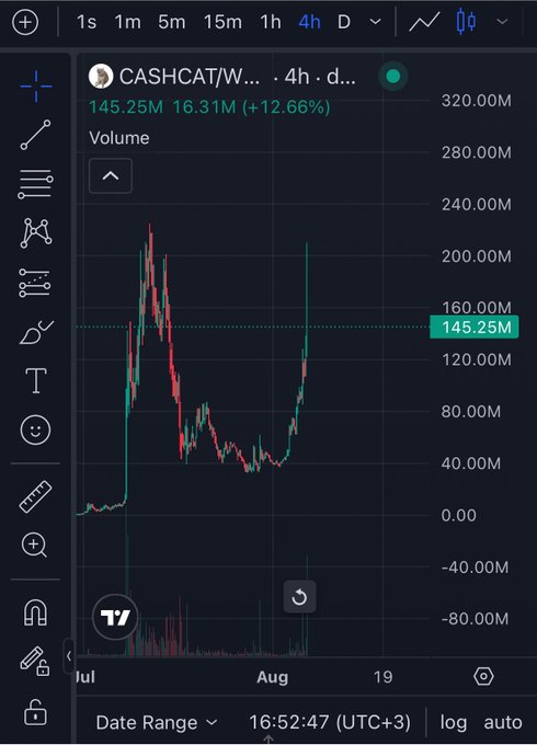 Trading chart showing CASHCAT/W token with a 4h timeframe, displaying a price of 145.25M (+12.66%) and 16.31M volume on TradingView.