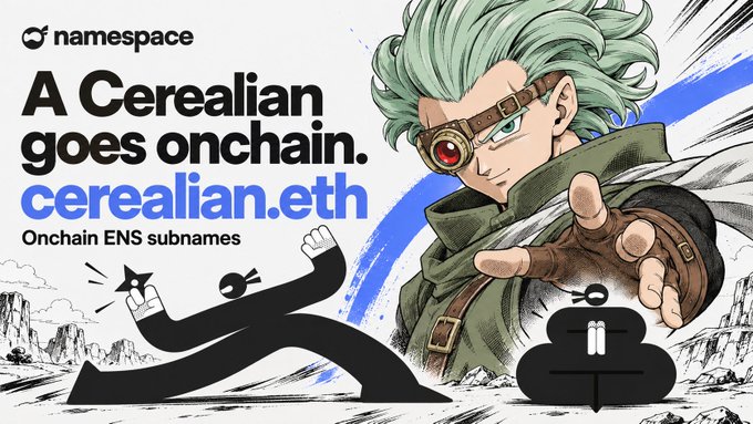 An advertisement for "namespace" reads "A Cerealian goes onchain. cerealian.eth" alongside an anime-style character with green hair and a black ninja figure.