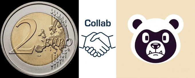 A graphic showing a 2 Euro coin on the left, a handshake illustration labeled 'Collab' in the middle, and a black bear face logo on the right, suggesting a collaboration announcement.