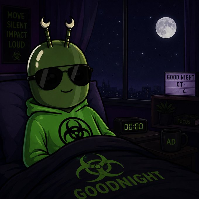 An illustration of a green alien-like character wearing sunglasses and a biohazard hoodie, sitting in bed at night with a 'GOOD NIGHT' blanket, a '00:00' alarm clock, and a 'GOOD NIGHT CT' sign.