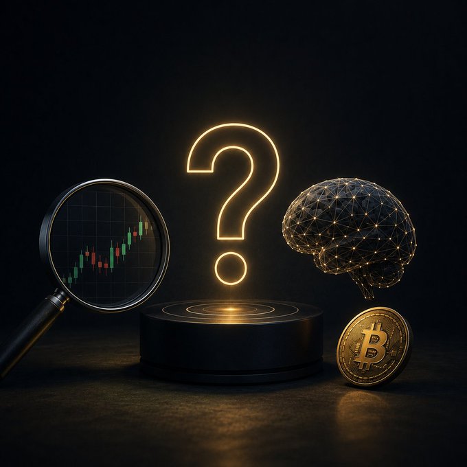 A dark, atmospheric image featuring a glowing question mark above a podium, surrounded by a magnifying glass over a candlestick chart, a glowing brain made of nodes, and a Bitcoin coin.