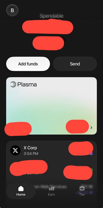 A mobile app interface displays a wallet dashboard with a "Spendable" balance (redacted in red), "Add funds" and "Send" buttons, a "Plasma" card section, and a recent activity entry from "X Corp" at 3:54 PM. The image illustrates the author's enthusiastic endorsement of the Plasma mobile app, showcasing its sleek interface where they manage funds and access cashback rewards for spending.