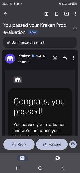 A mobile email screenshot showing a Kraken notification with the subject 'You passed your Kraken Prop evaluation!' and the message 'Congrats, you passed!'