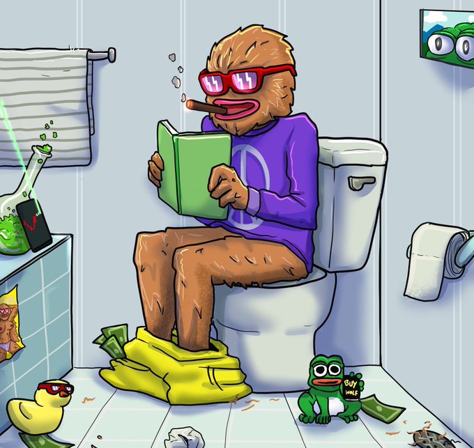 A cartoon yeti-like creature wearing pink 'HODL' sunglasses and a purple shirt sits on a toilet reading a green book, while a green frog holds a 'Buy WIF' sign on the bathroom floor.
