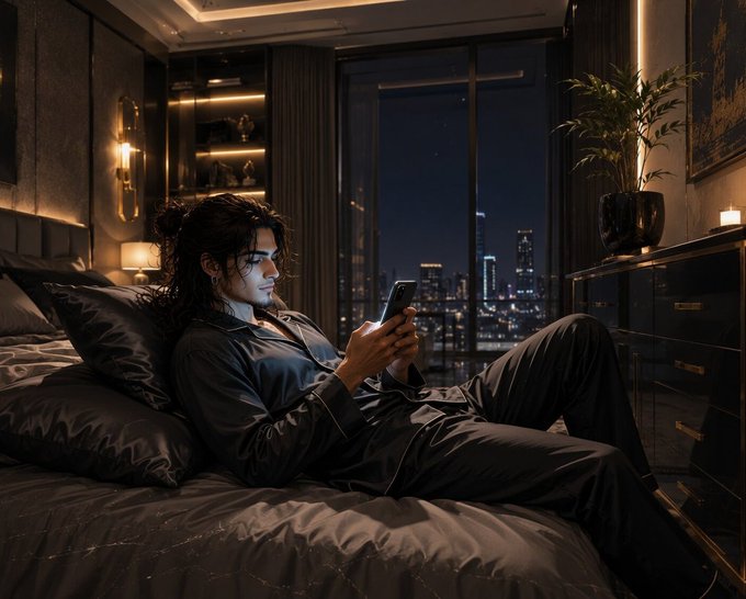 A man with long dark hair relaxes on a luxurious dark bed in a dimly lit, modern bedroom, looking at his phone while the city skyline glows through the floor-to-ceiling window behind him.