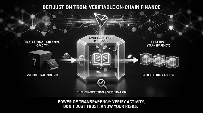 A promotional graphic titled 'DEFIJUST ON TRON: VERIFIABLE ON-CHAIN FINANCE' contrasts 'TRADITIONAL FINANCE (OPACITY)' with 'DEFIJUST (TRANSPARENCY)' using a smart contract vault visual.